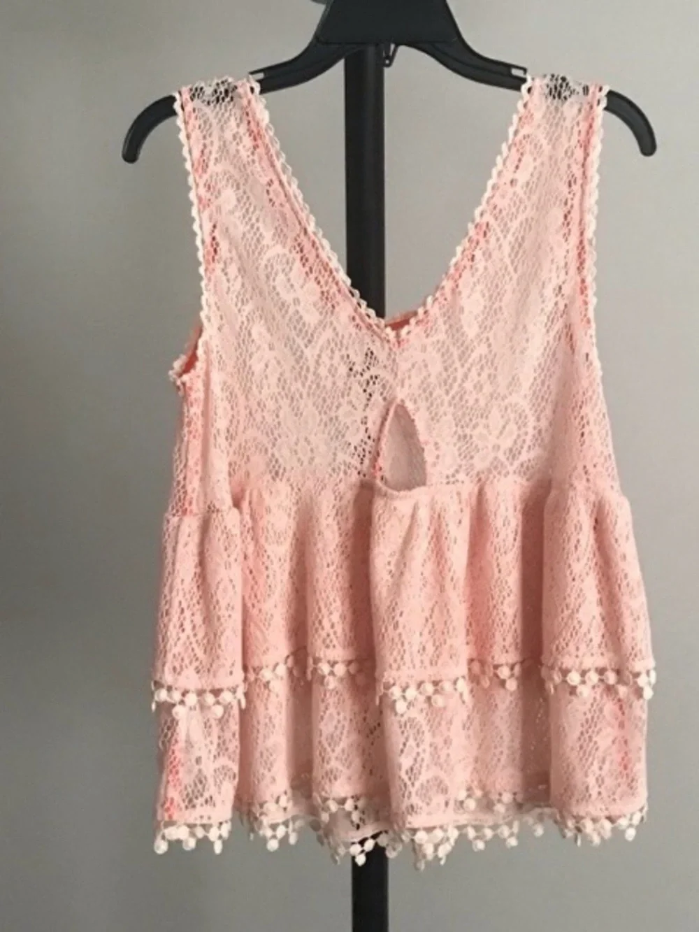Free People Lace Babydoll Tank Pom Pom Trim Boho Festival Top Pastel Peach